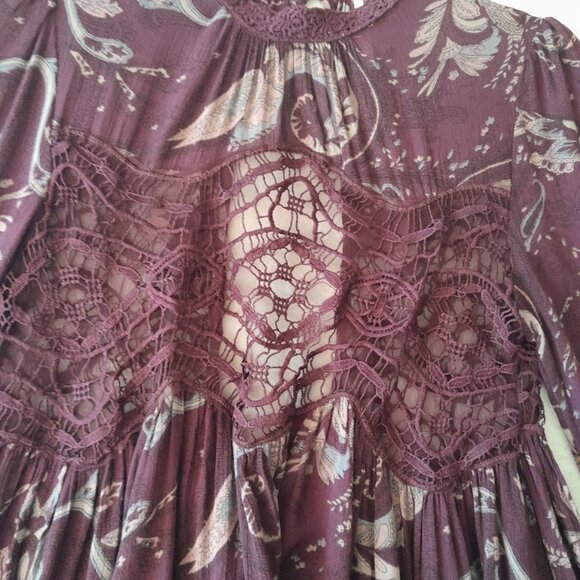 Free People Boho Hippie Lace Whimsigoth Paisley Sz XS Tunic Mini Dress Burgundy - Picture 6 of 12
